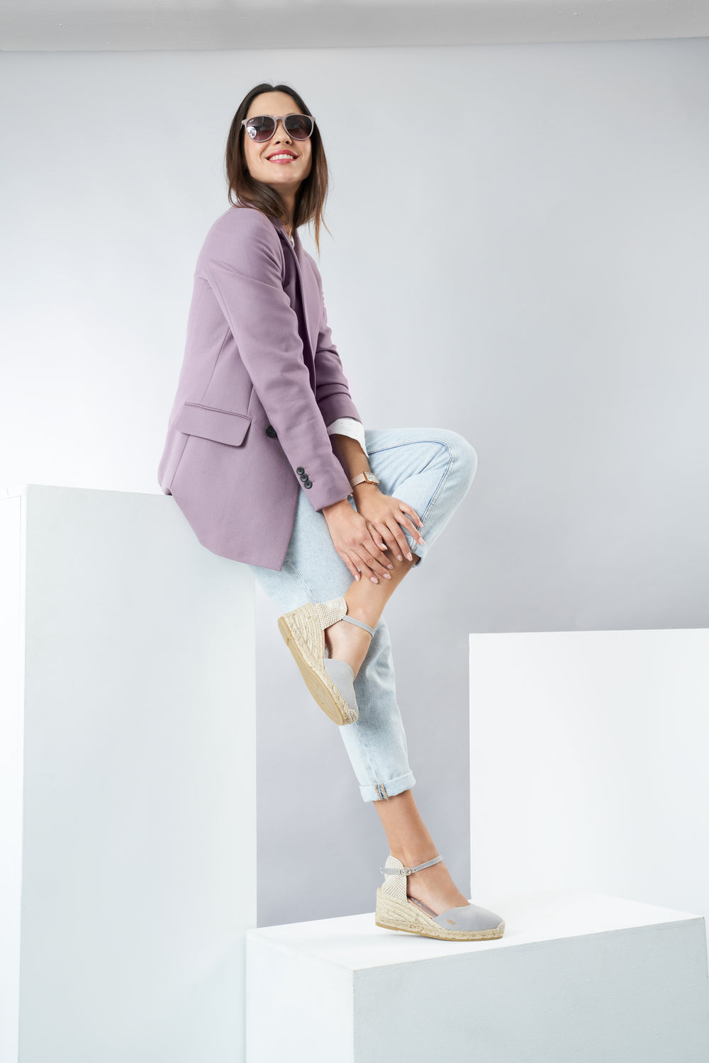 Reus Ash Grey Canvas Ankle Strap Women Espadrille Wedges Outfit
