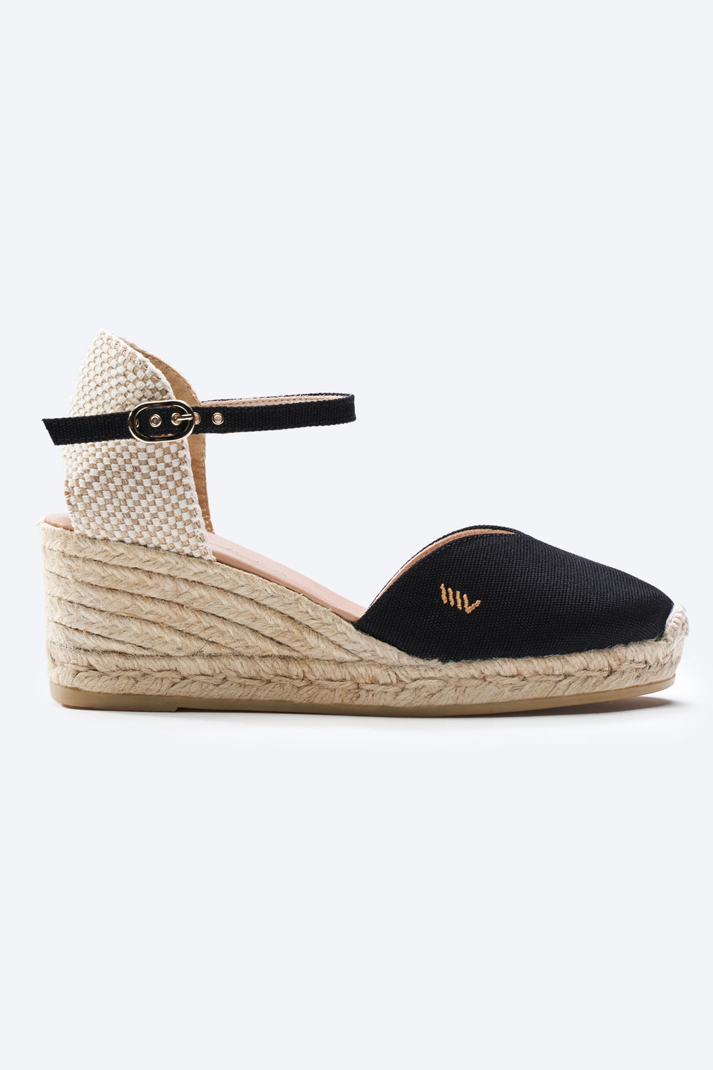 Reus Black Canvas Ankle Strap Women Espadrille Wedge
