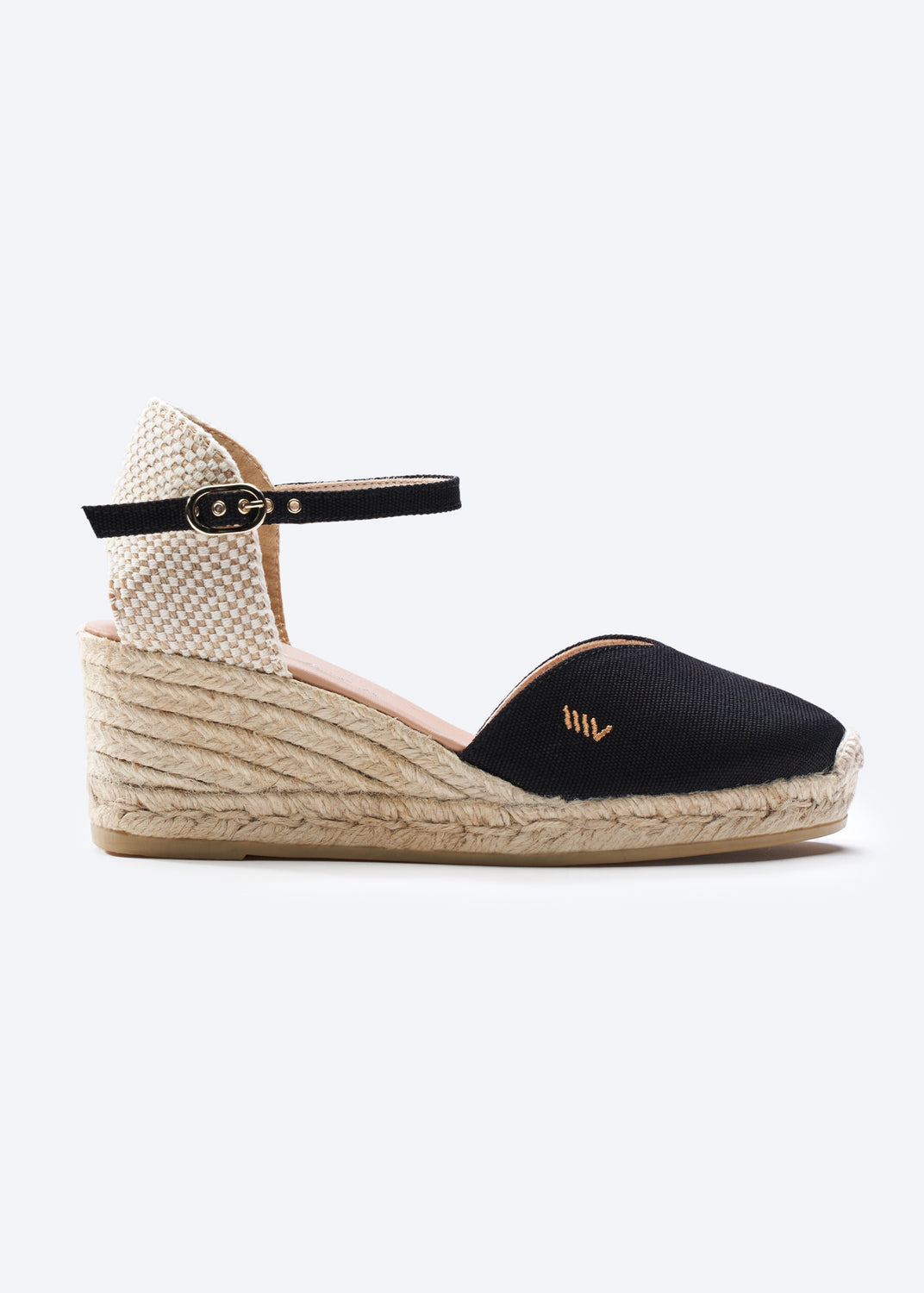 Reus Black Canvas Ankle Strap Women Espadrille Wedge