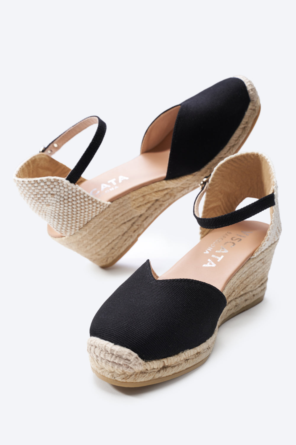 Reus Black Canvas Ankle Strap Women Espadrille Medium Wedges
