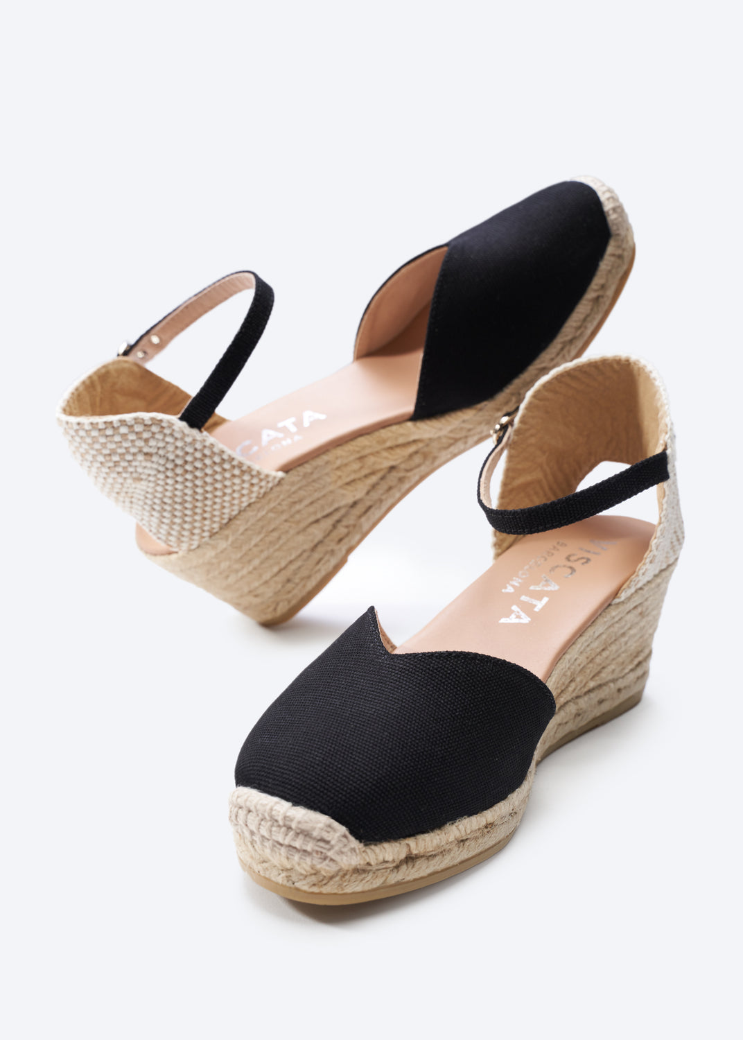 Reus Black Canvas Ankle Strap Women Espadrille Medium Wedges