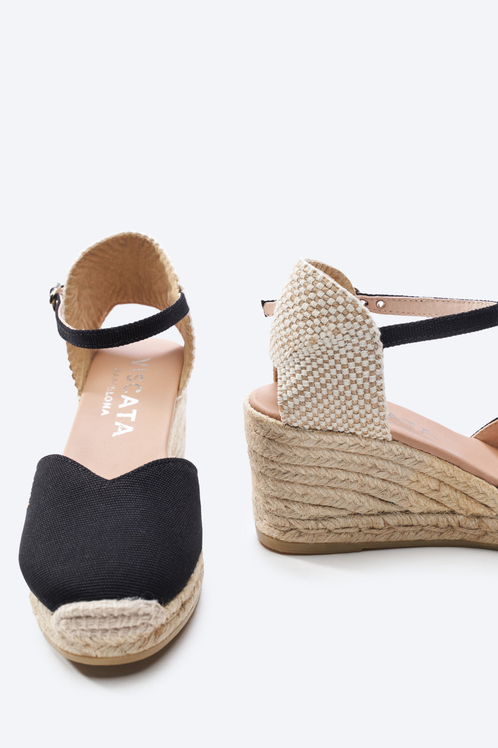 Reus Black Canvas Ankle Strap Women Espadrille Medium Heel Wedges