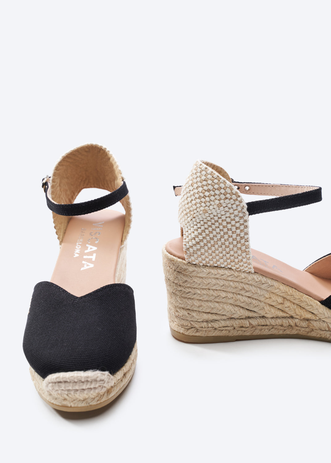 Reus Black Canvas Ankle Strap Women Espadrille Medium Heel Wedges