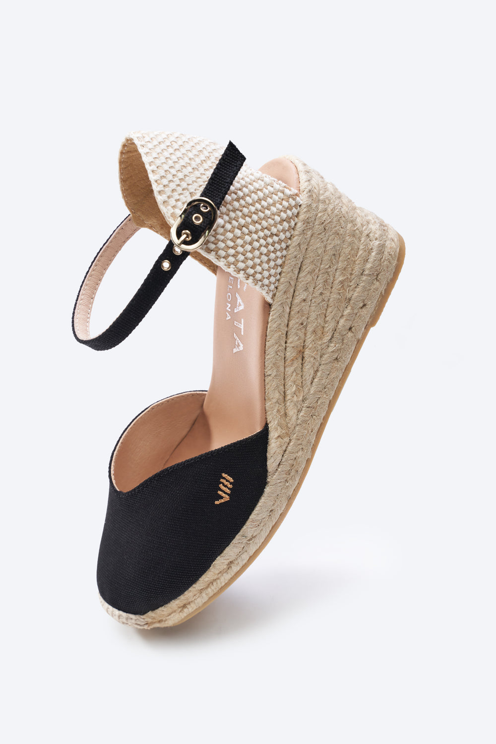 Reus Black Canvas Ankle Strap Women Flexible Back Espadrille Wedges