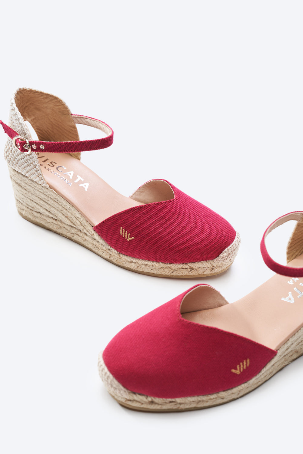 Reus Limited Edition Cherry Canvas Ankle Strap Women Espadrille Medium Heel Wedges Closed Toe Detail