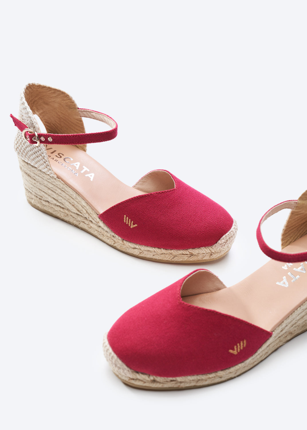 Reus Limited Edition Cherry Canvas Ankle Strap Women Espadrille Medium Heel Wedges Closed Toe Detail
