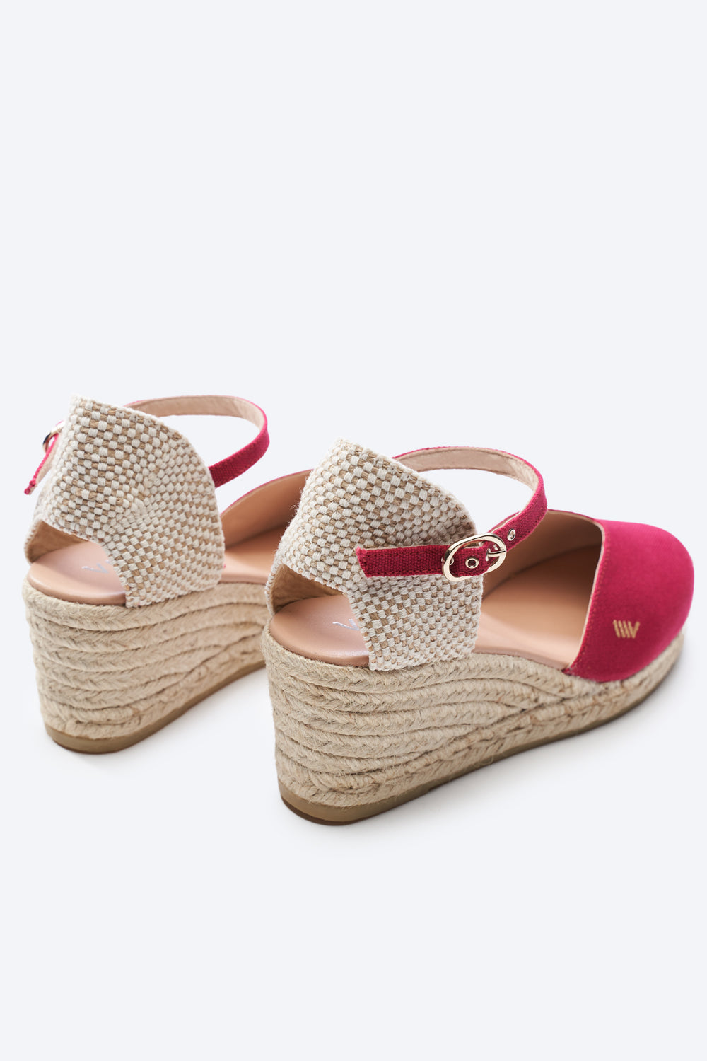 Reus Limited Edition Cherry Canvas Ankle Strap Women Espadrille Medium Heel Wedges Flexible Back Detail
