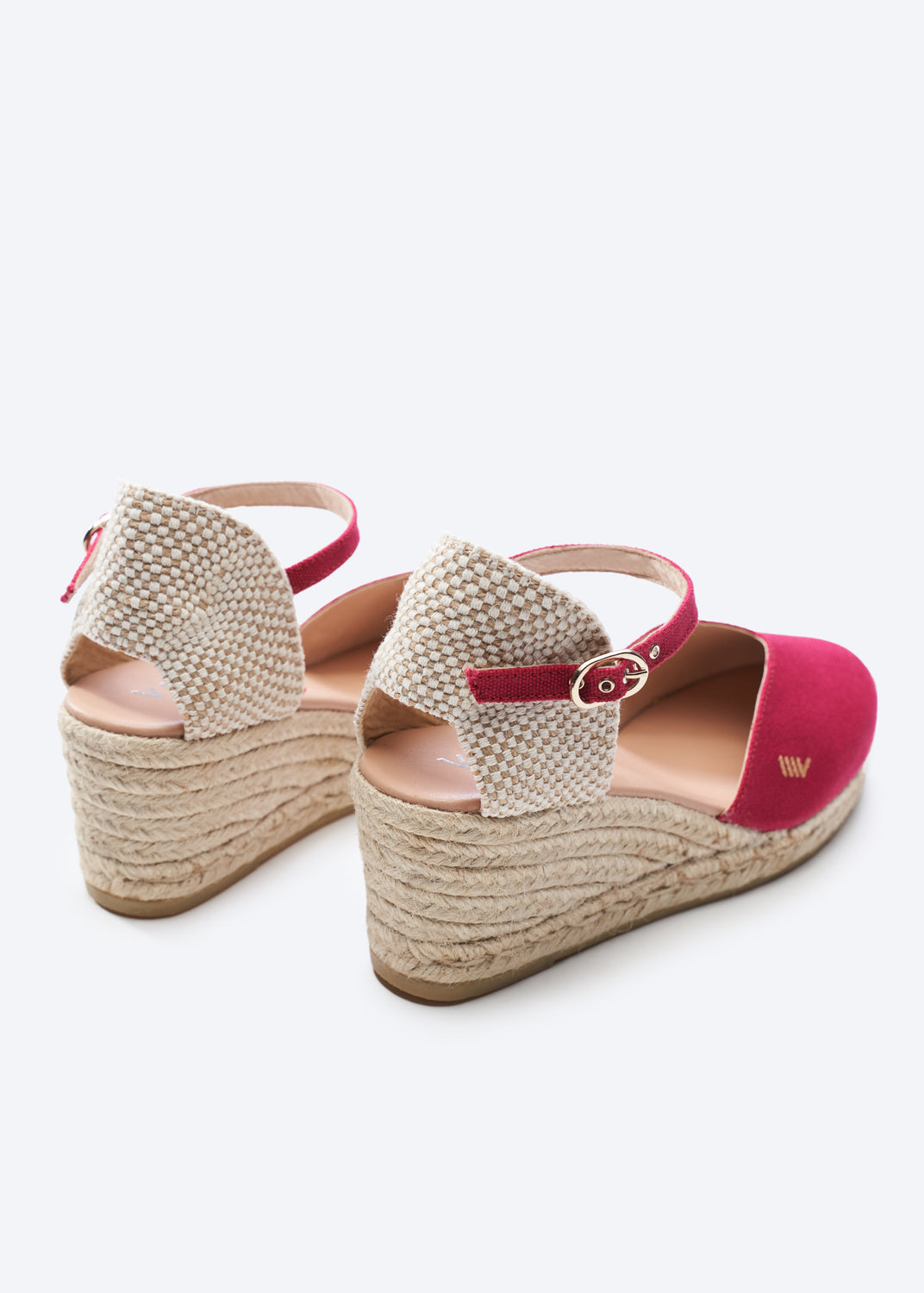 Reus Limited Edition Cherry Canvas Ankle Strap Women Espadrille Medium Heel Wedges Flexible Back Detail