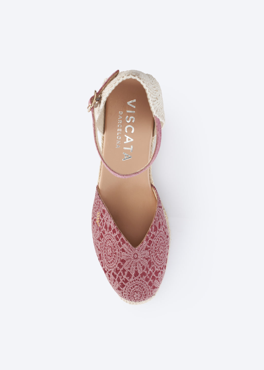 Top view of pink crochet espadrille wedge with ankle strap and natural jute sole.