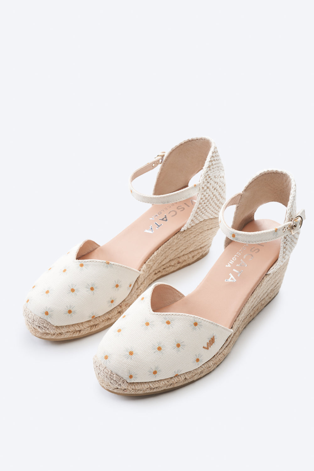 Reus Limited Edition Daisy Pattern Canvas Ankle Strap Women Espadrille V Cut Closed Toe Wedges
