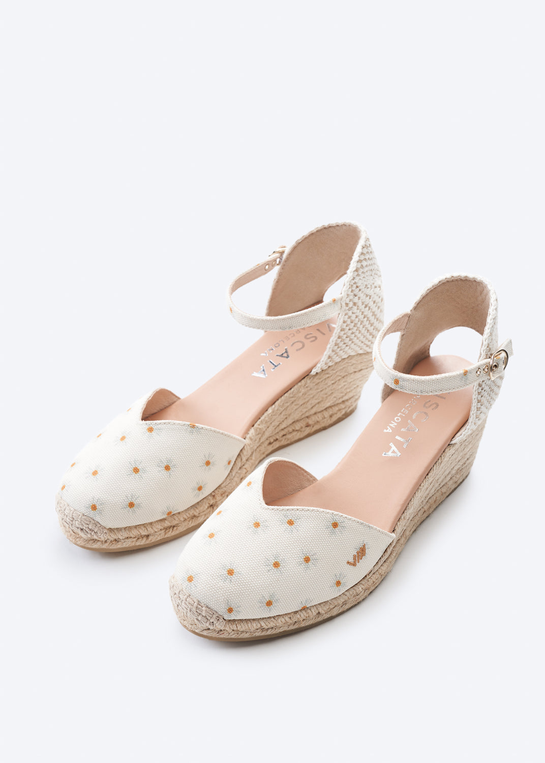 Reus Limited Edition Daisy Pattern Canvas Ankle Strap Women Espadrille V Cut Closed Toe Wedges