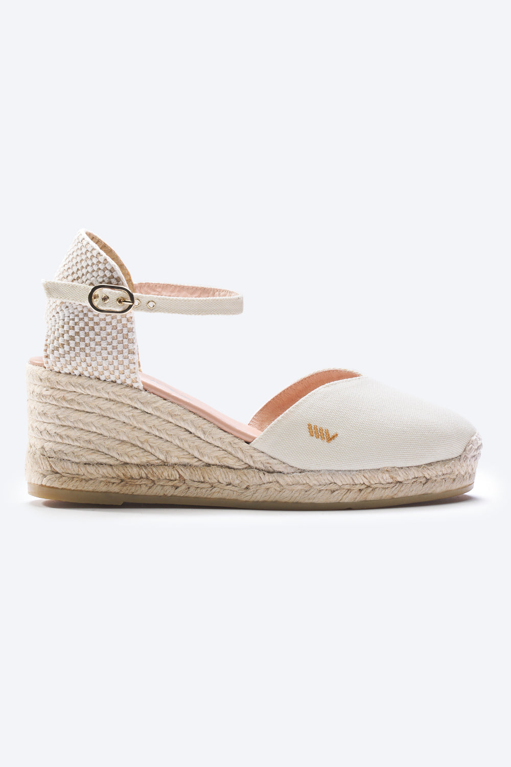Reus Limited Edition Ivory Canvas Ankle Strap Women Espadrille Medium Heel Wedge