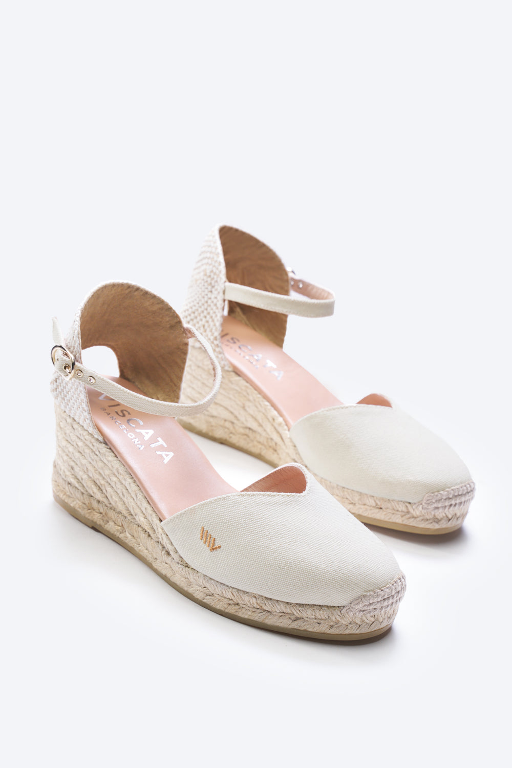 Reus Limited Edition Ivory Canvas Ankle Strap Women Espadrille Medium Wedges