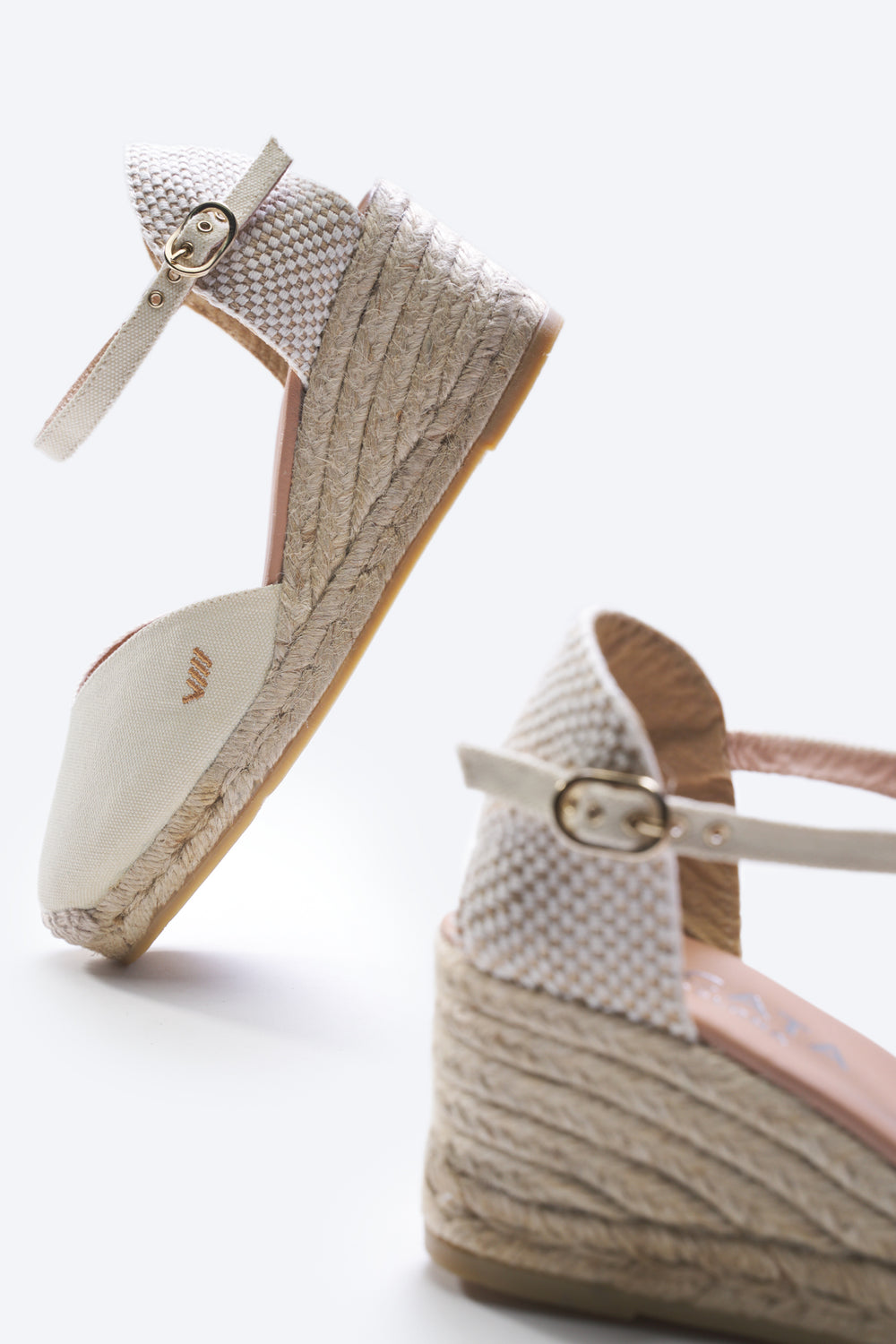 Reus Limited Edition Ivory Canvas Ankle Strap Women Espadrille Medium Heel Wedges Back Details