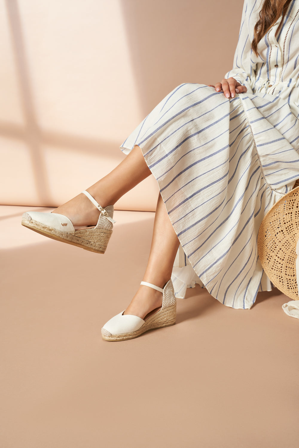 Reus Limited Edition Ivory Canvas Ankle Strap Women Espadrille Medium Heel Wedges Legs