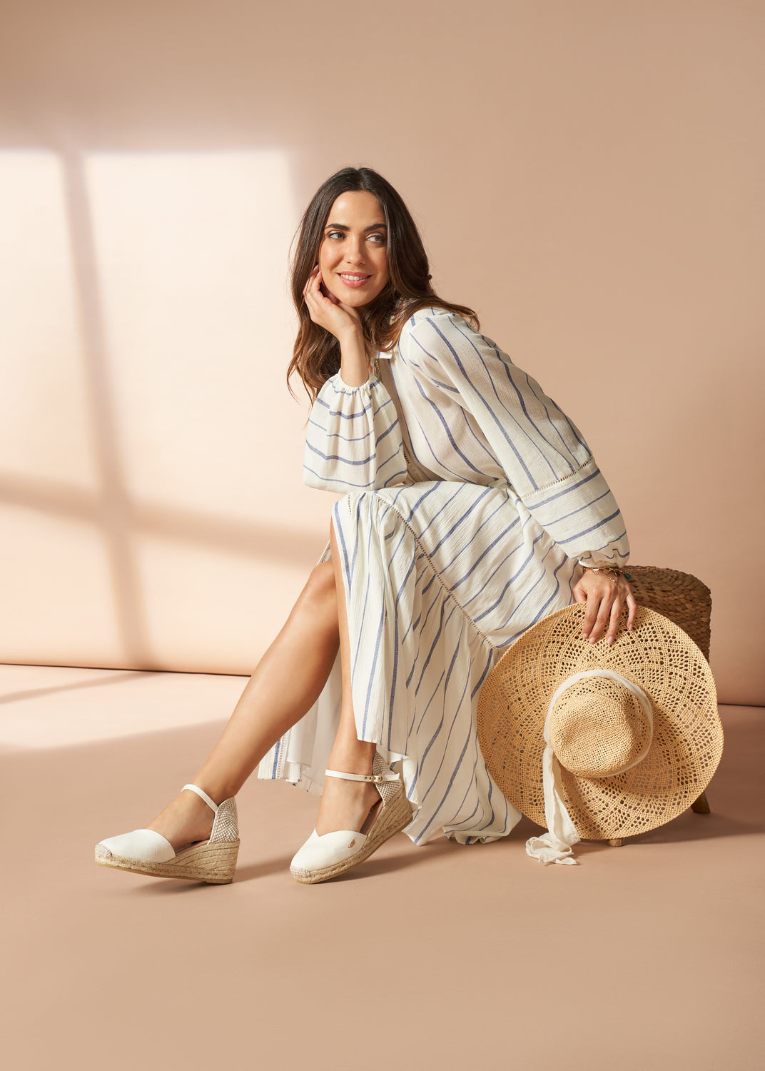Reus Limited Edition Ivory Canvas Ankle Strap Women Espadrille Medium Heel Wedges Outfit