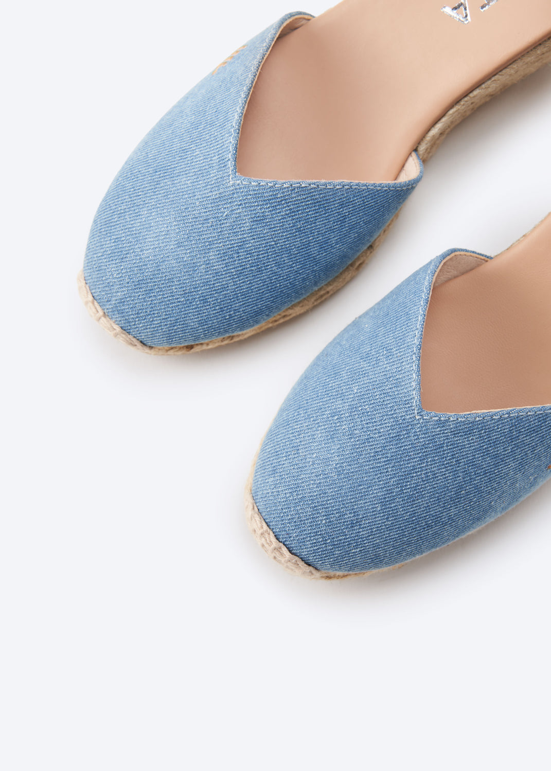 Reus Limited Edition Light Denim Ankle Strap Women Espadrille Wedges V Cut Closed Toe Detail