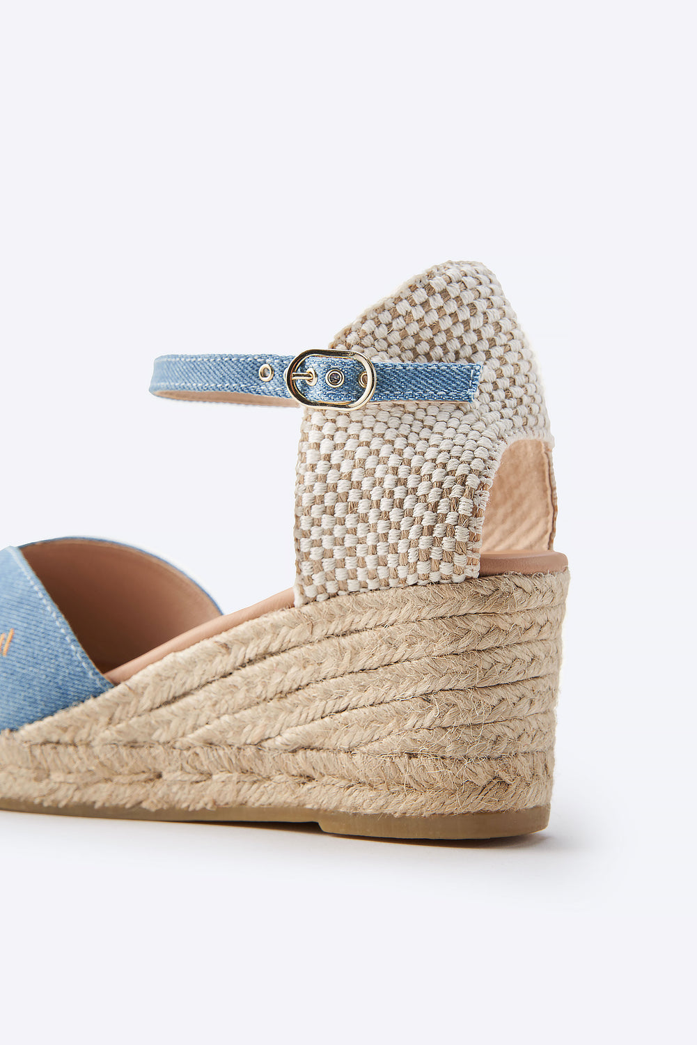 Reus Limited Edition Light Denim Ankle Strap Women Espadrille Flexible Back & Wedge Detail