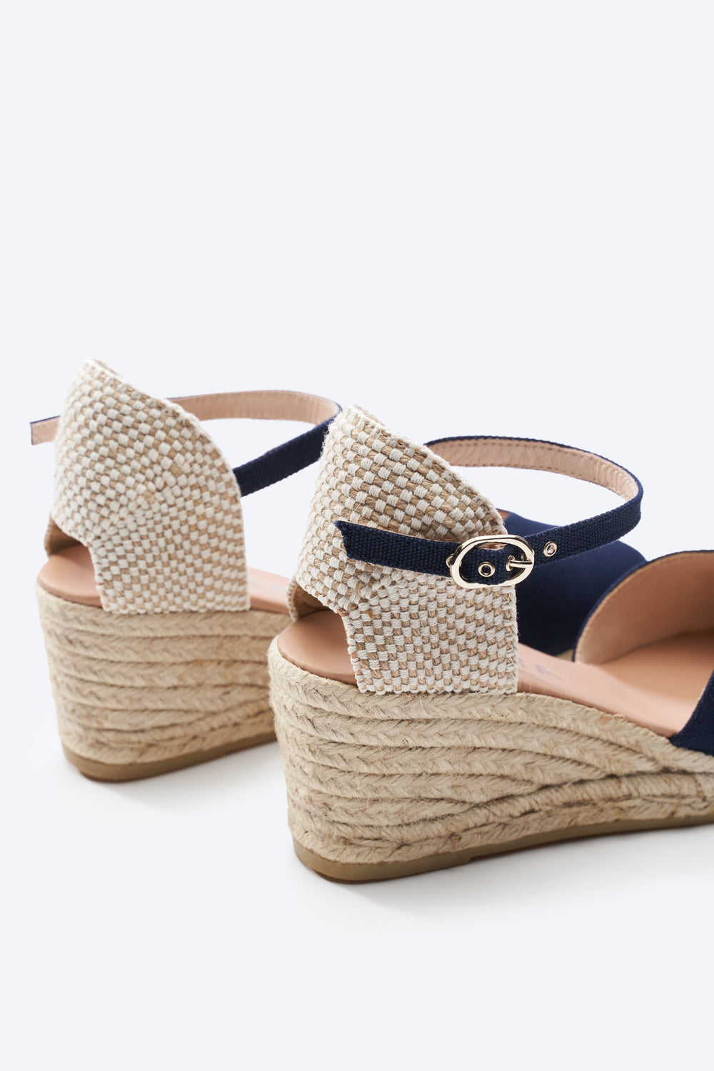 Reus Navy Blue Canvas Ankle Strap Women Espadrille Wedges Flexible Back Detail