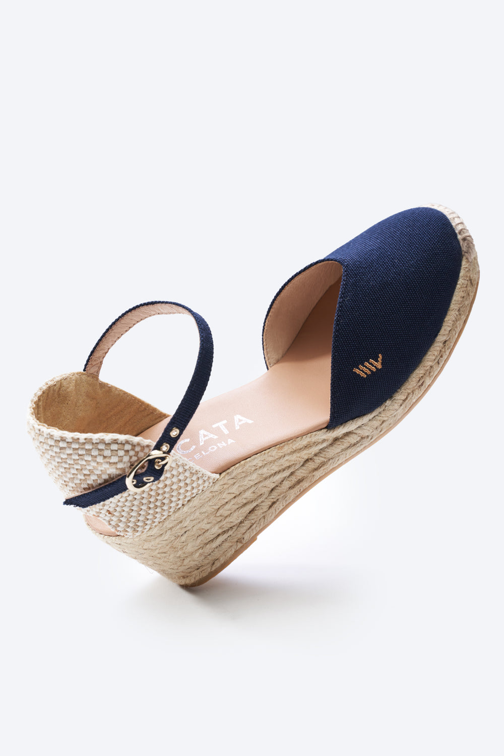 Reus Navy Blue Canvas Ankle Strap Women Espadrille Closed Toe Wedges