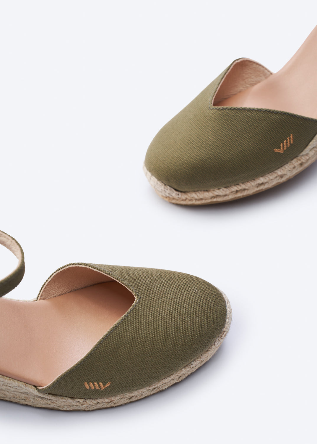 Reus Limited Edition Olive Canvas Ankle Strap Women Espadrille Wedges Closed Toe Detail