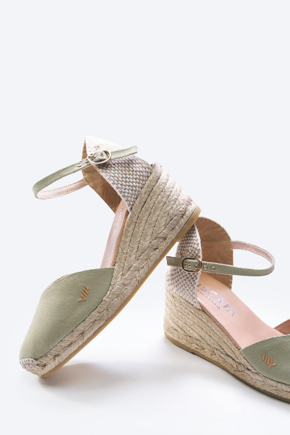 Reus Limited Edition Sage Green Canvas Ankle Strap Women Espadrille Closed Toe Wedges