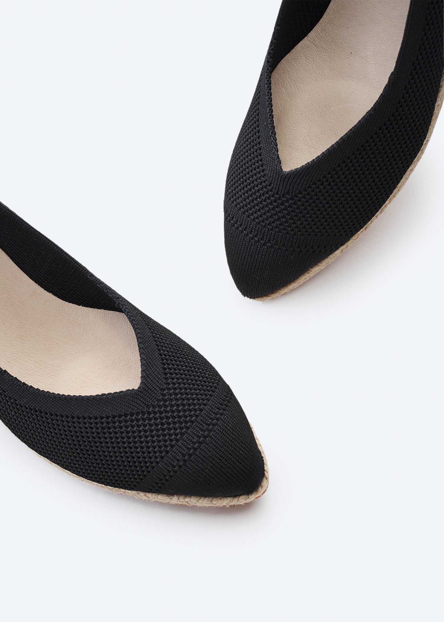 Riba Black Elastic Lycra Slip On Low Wedge Women Espadrilles V Cut Pointed Toe Detail