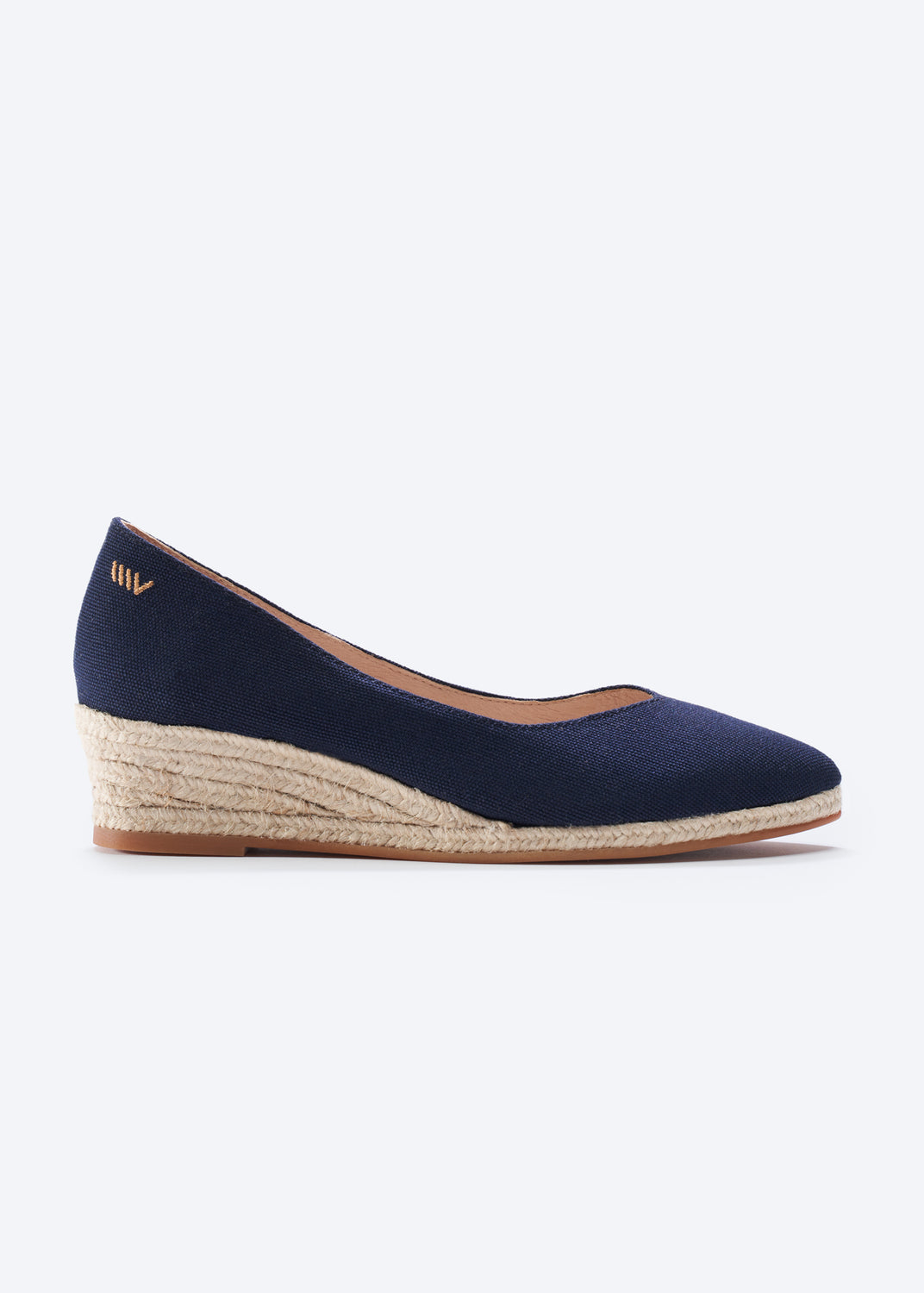 Riba Navy Blue Canvas Slip On V Cut Closed Toe Low Wedge Women Espadrilles