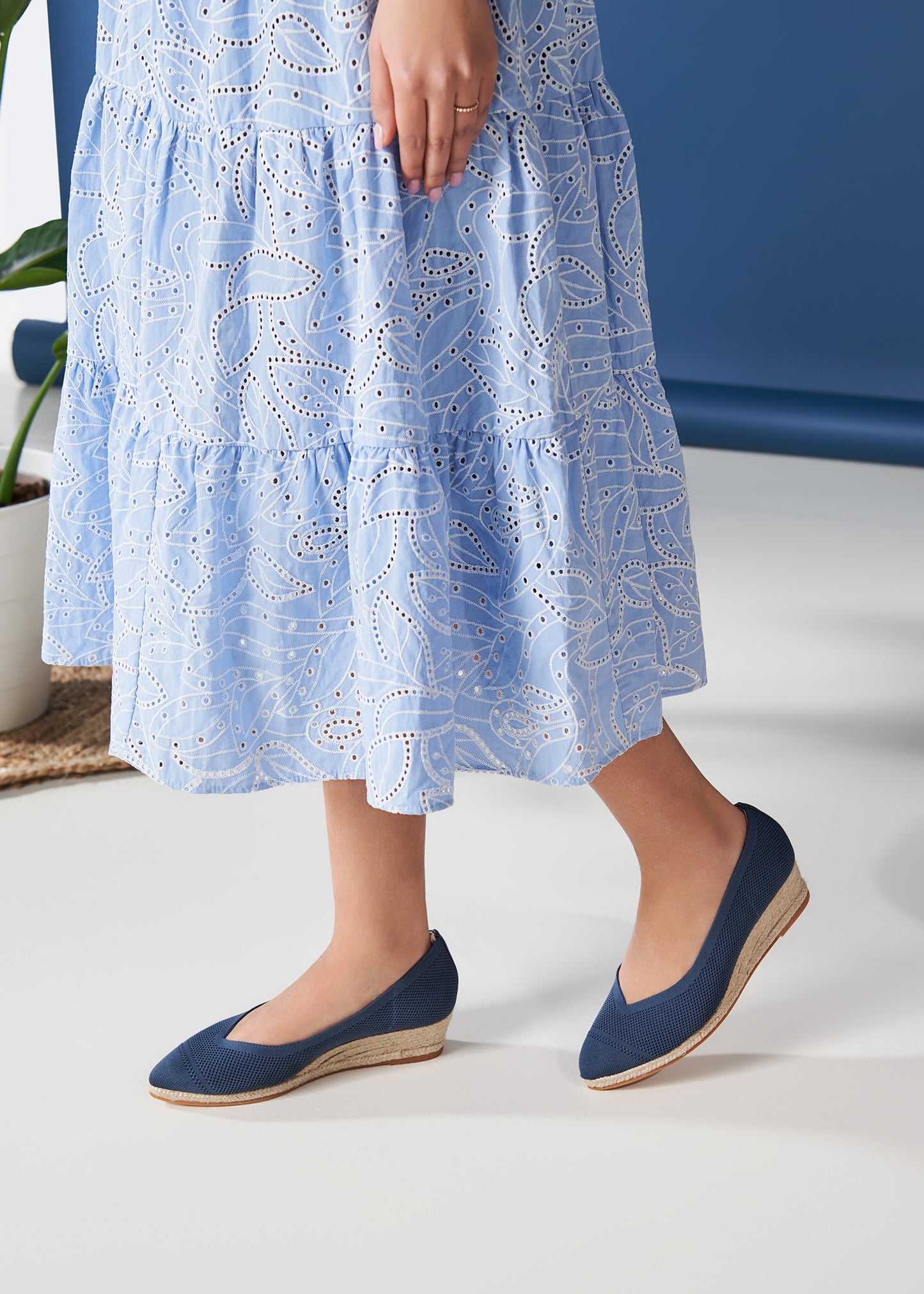Riba Navy Blue Elastic Lycra Slip On Low Wedge Women Espadrilles Legs