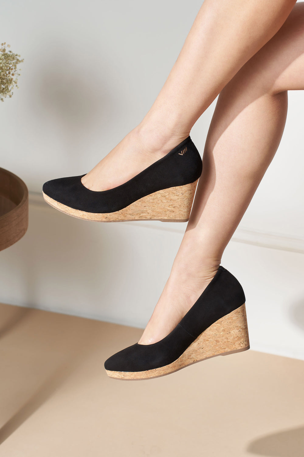 Riera Black Suede Slip On Women Cork Wedges Legs