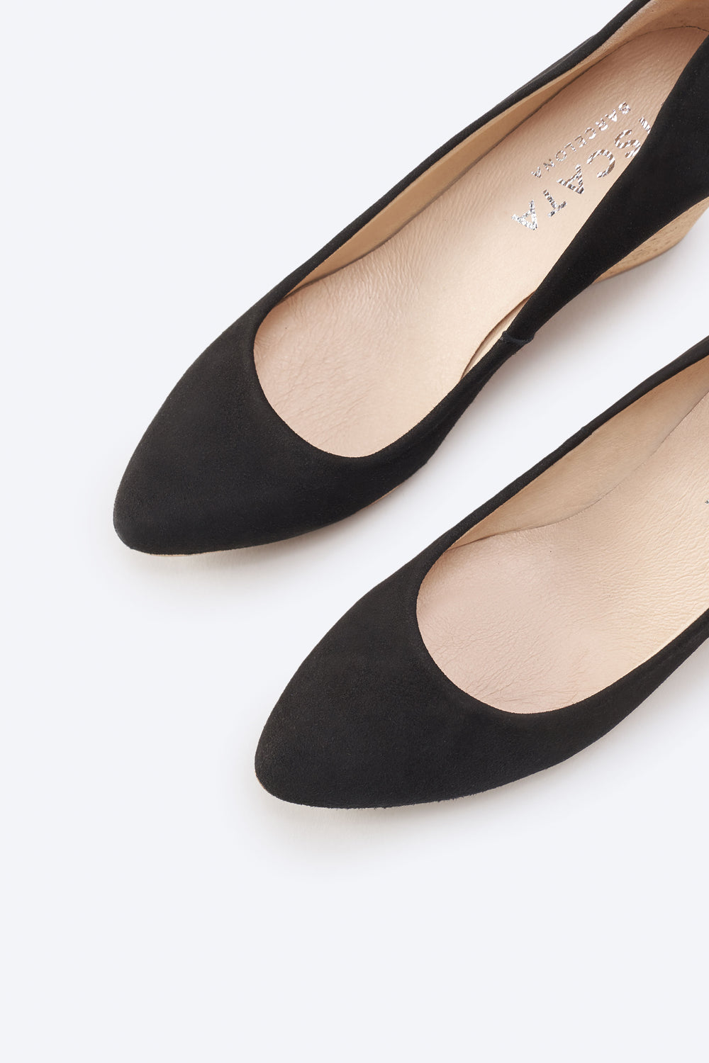 Riera Black Suede Slip On Women Cork Wedges Pointed Closed Toe Detail