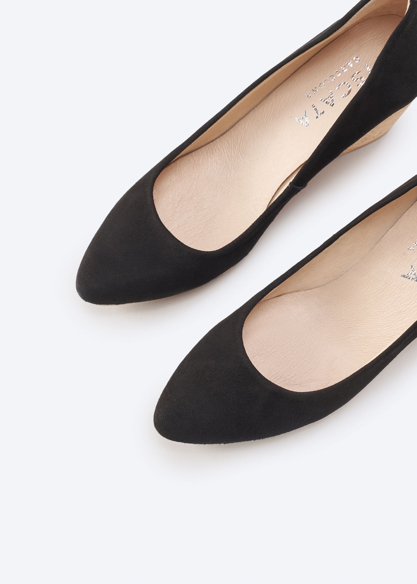 Riera Black Suede Slip On Women Cork Wedges Pointed Closed Toe Detail
