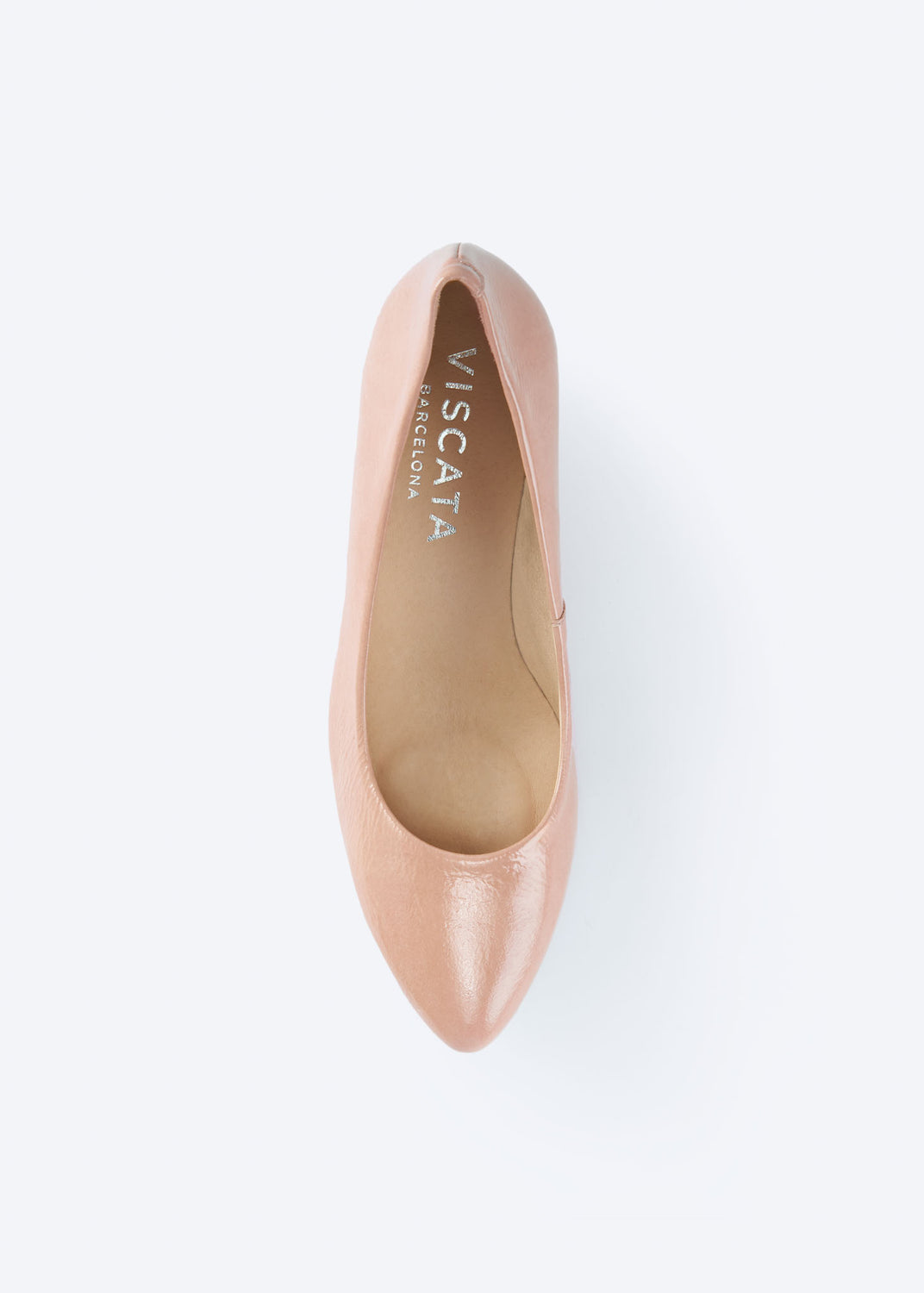 Top view of pink leather espadrille flat highlighting its pointed toe and smooth finish.