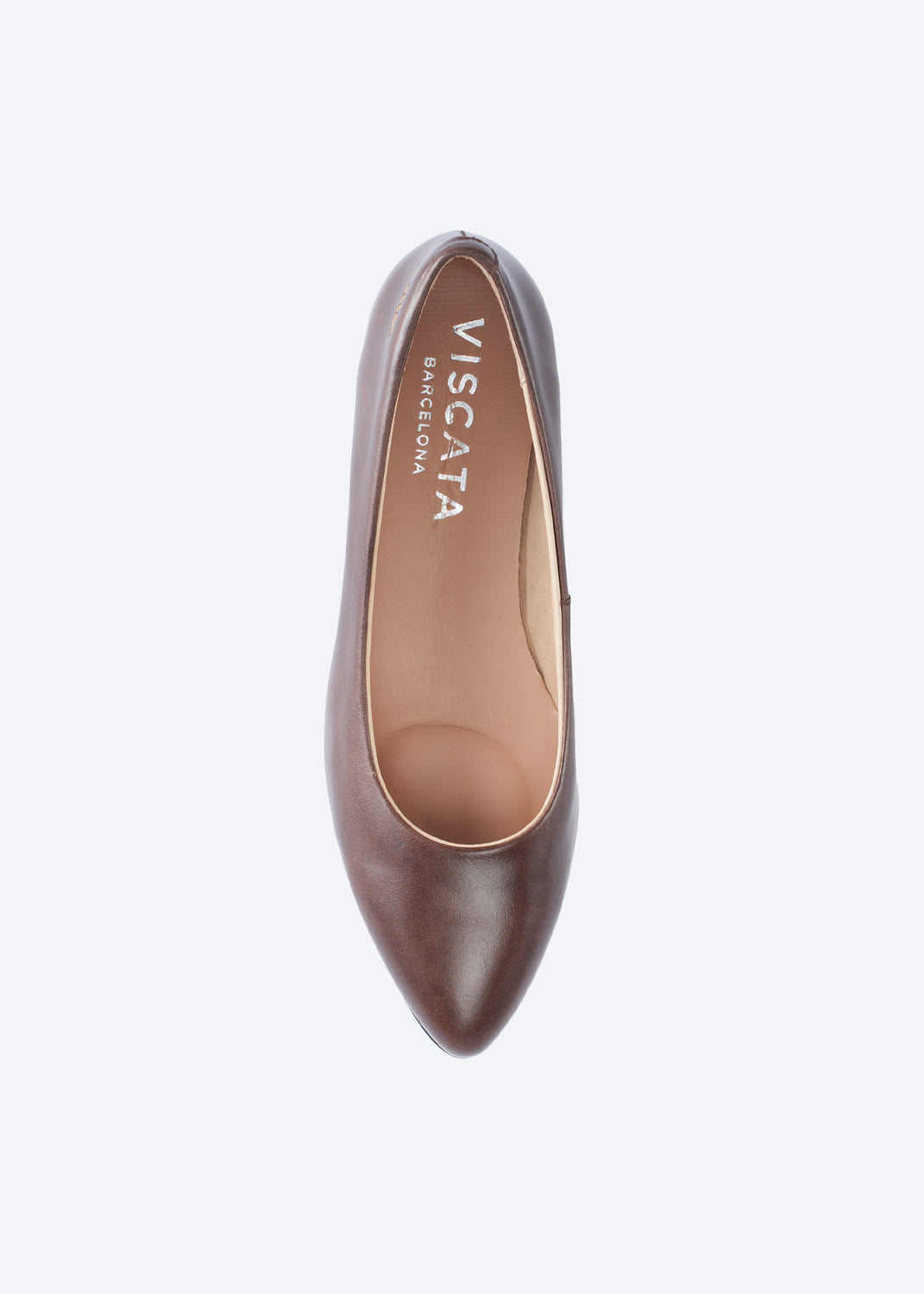 A single brown leather pointed-toe flat shoe shown from a top-down view on a light gray background. The brand name 'VISCATA' is printed in white on the inner sole.