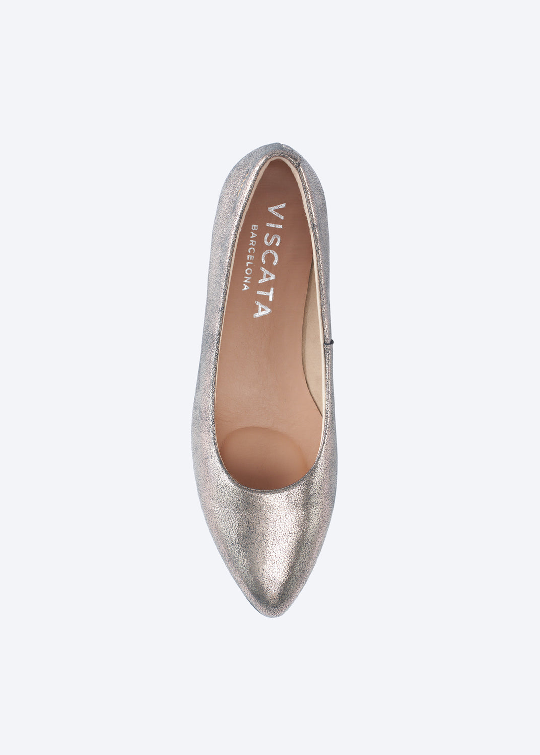 A single Viscata metallic gold  pointed-toe flat shoe shown from a top-down view on a light gray background.
