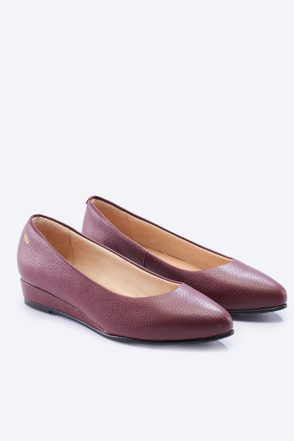 Roma Burgundy Grain Leather Slip On Women Pointed Toe Low Wedge Shoes