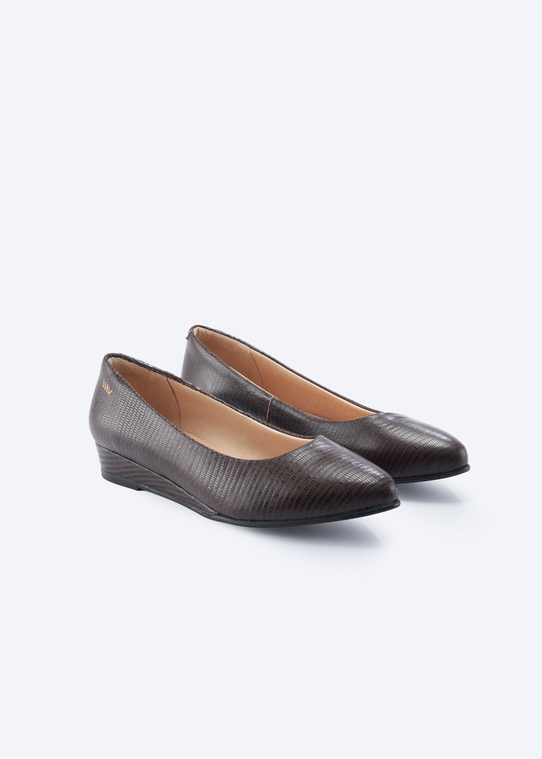 A pair of women's pointed-toe flats in dark brown textured leather, displayed on a clean white background.