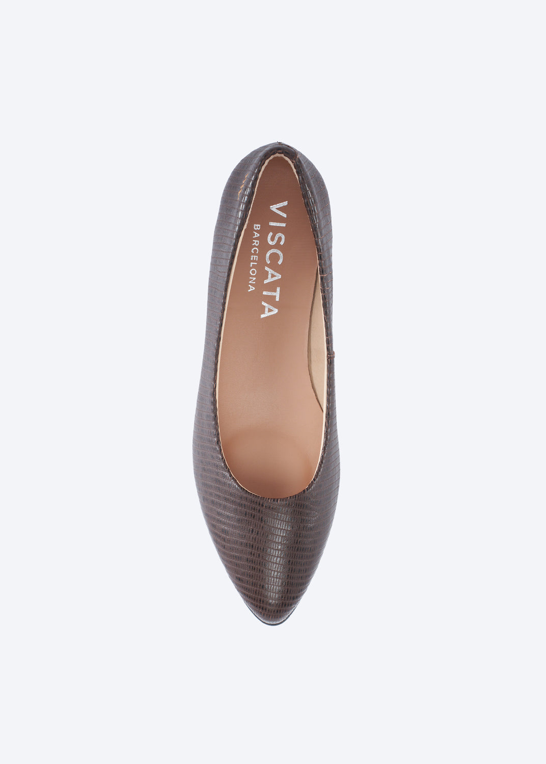 A single women's pointed-toe flat shoe shown from a top-down view on a light gray background. The shoe has a dark brown textured leather exterior and a tan interior with the brand name 'VISCATA' printed vertically.