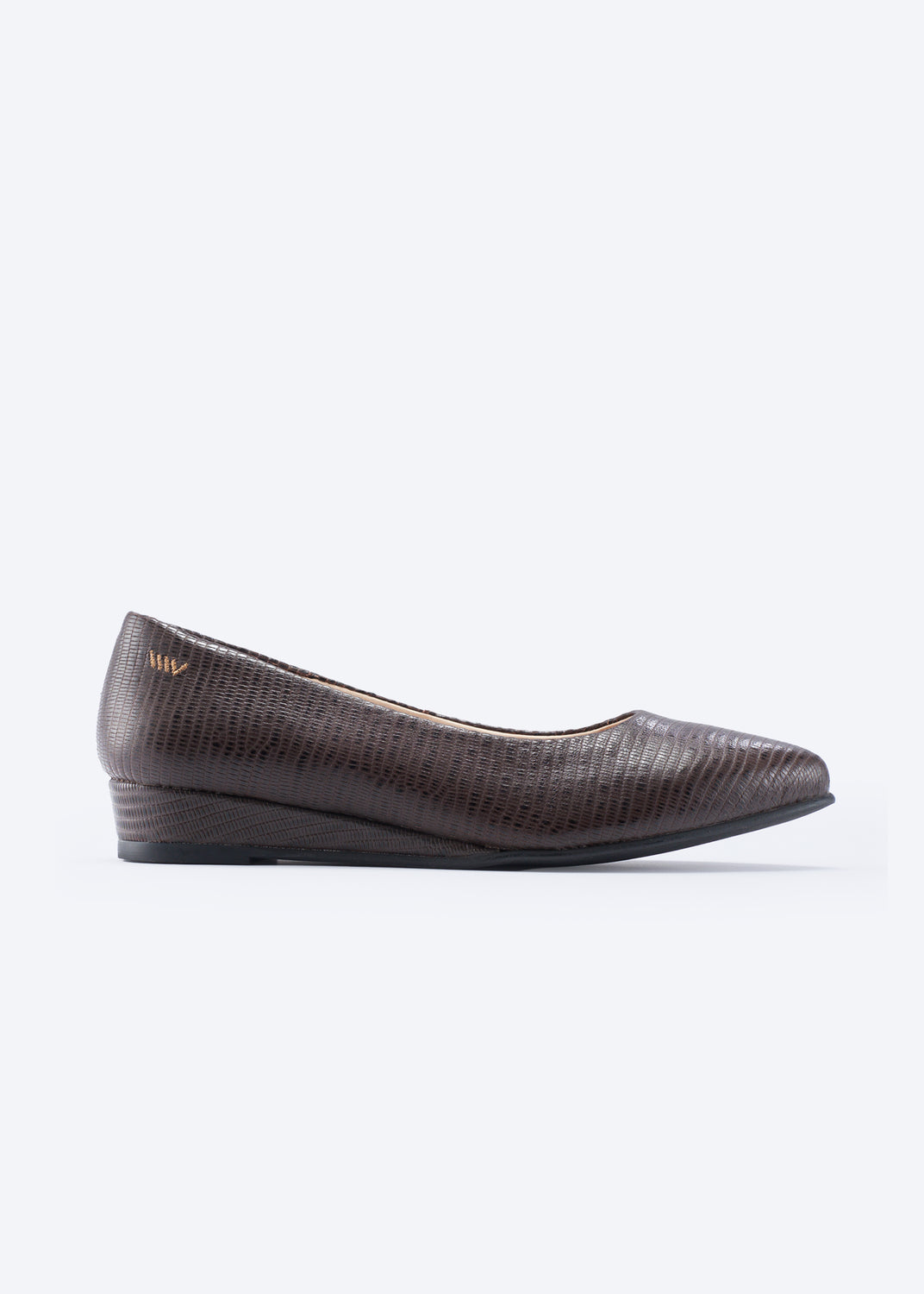 A single dark brown wedge shoe with a textured python-style print, shown in profile against a light gray background.