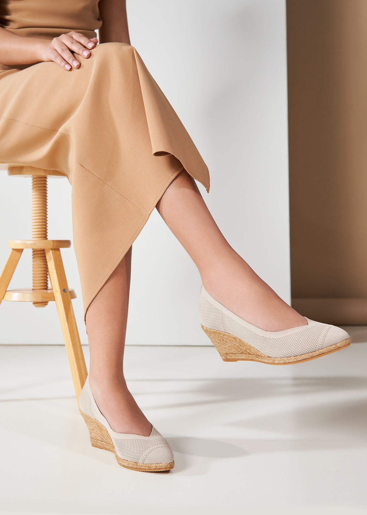 Roses V Cut Beige Elastic Lycra Slip On Women Espadrille Wedges Legs
