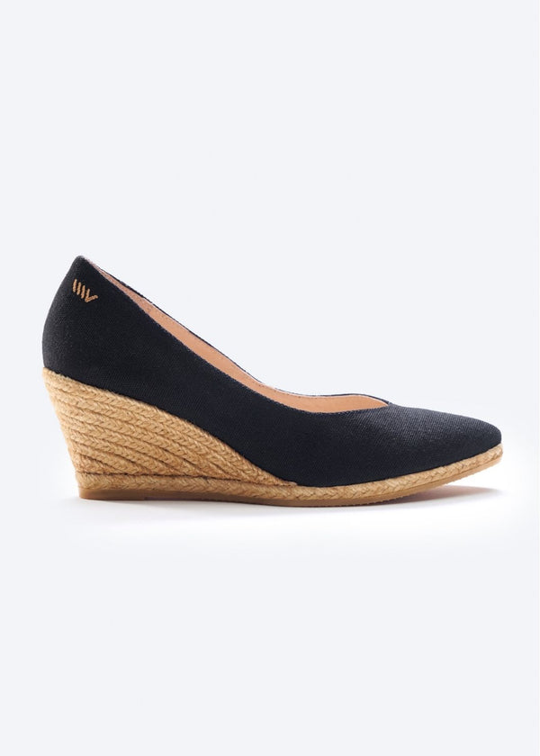 Roses V Cut Black Canvas Slip On Women Espadrille Wedge