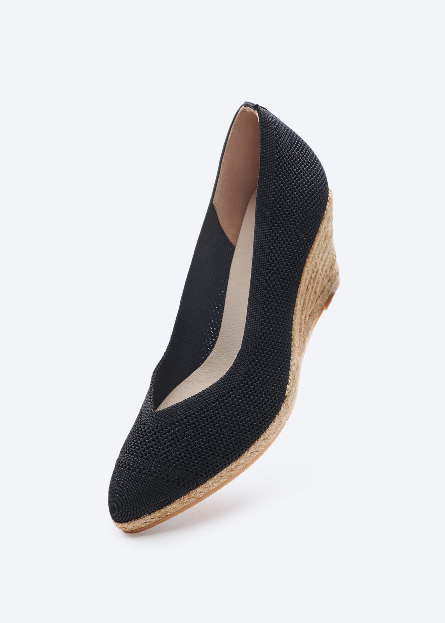Roses V Cut Black Elastic Lycra Slip On Women Espadrille Medium Heel Wedge