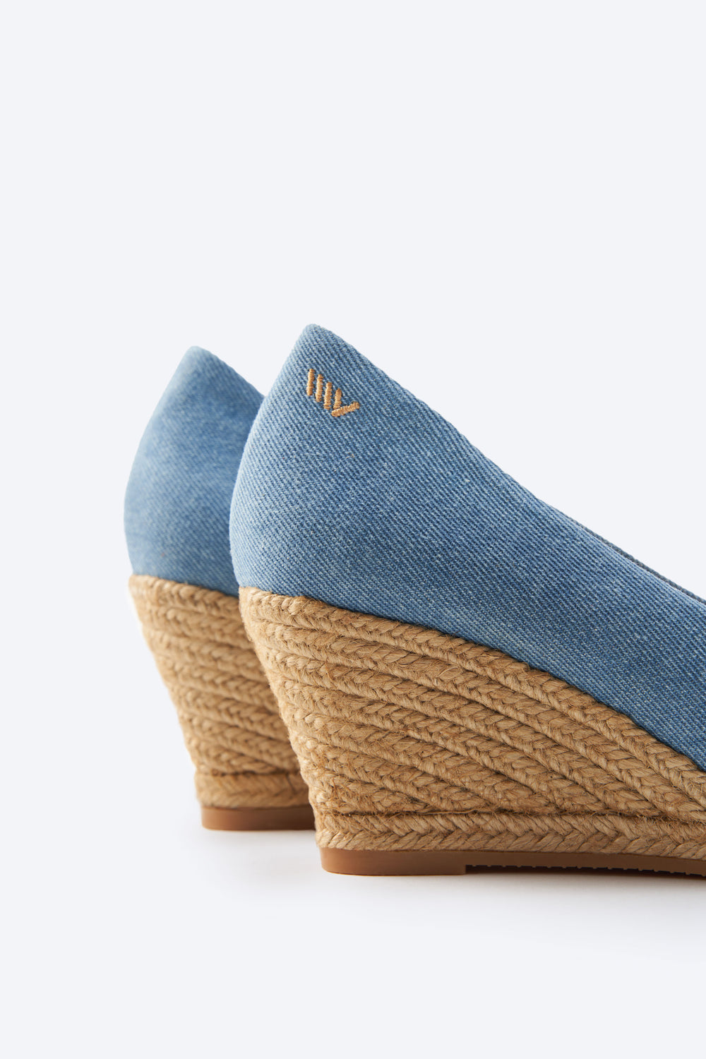 Roses V Cut Limited Edition Light Denim Canvas Slip On Women Espadrille Medium Wedges Back Detail
