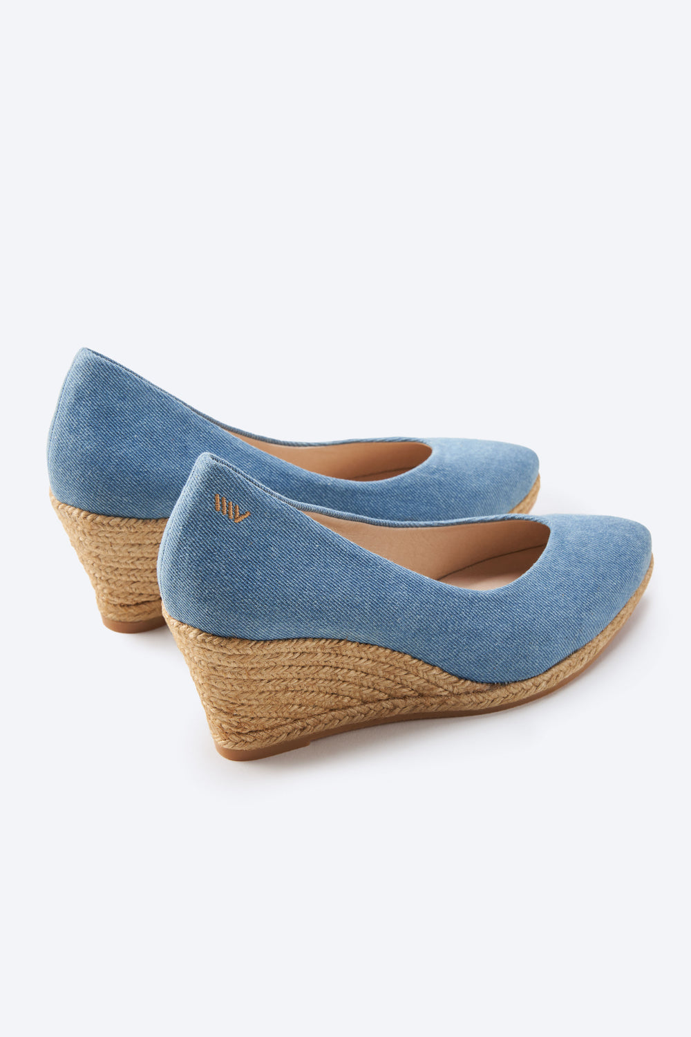 Roses V Cut Limited Edition Light Denim Canvas Slip On Women Espadrille Medium Heel Wedges