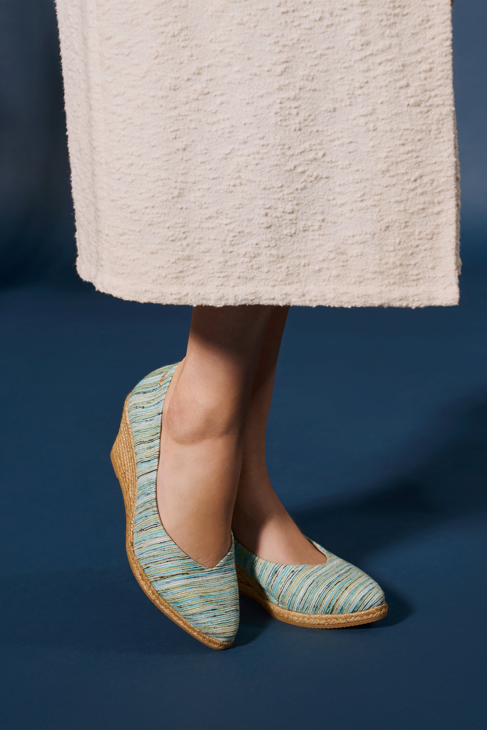 Roses V Cut Limited Edition Multicolor Blue Canvas Slip On Women Espadrille Medium Wedges Legs