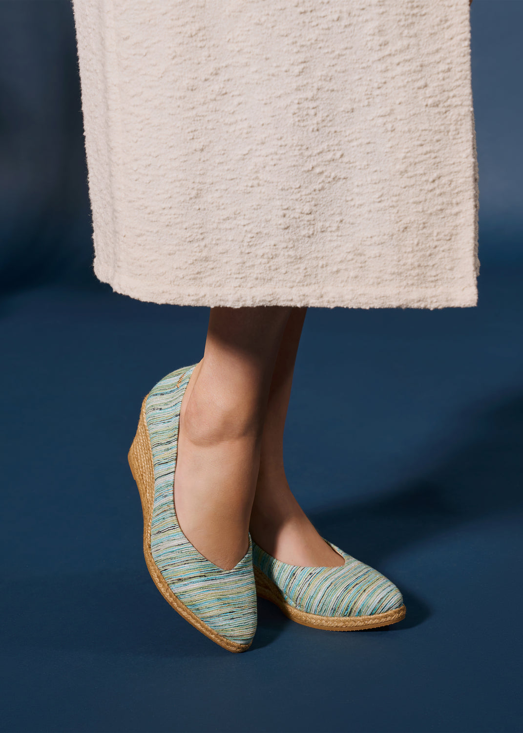 Roses V Cut Limited Edition Multicolor Blue Canvas Slip On Women Espadrille Medium Wedges Legs