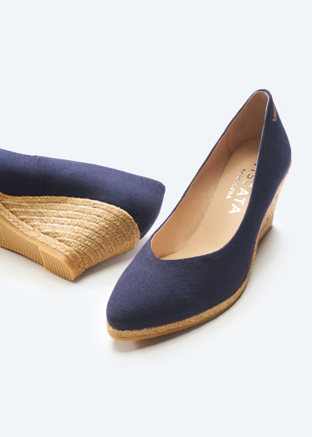 Roses V Cut Navy Blue Canvas Slip On Women Espadrille Wedges