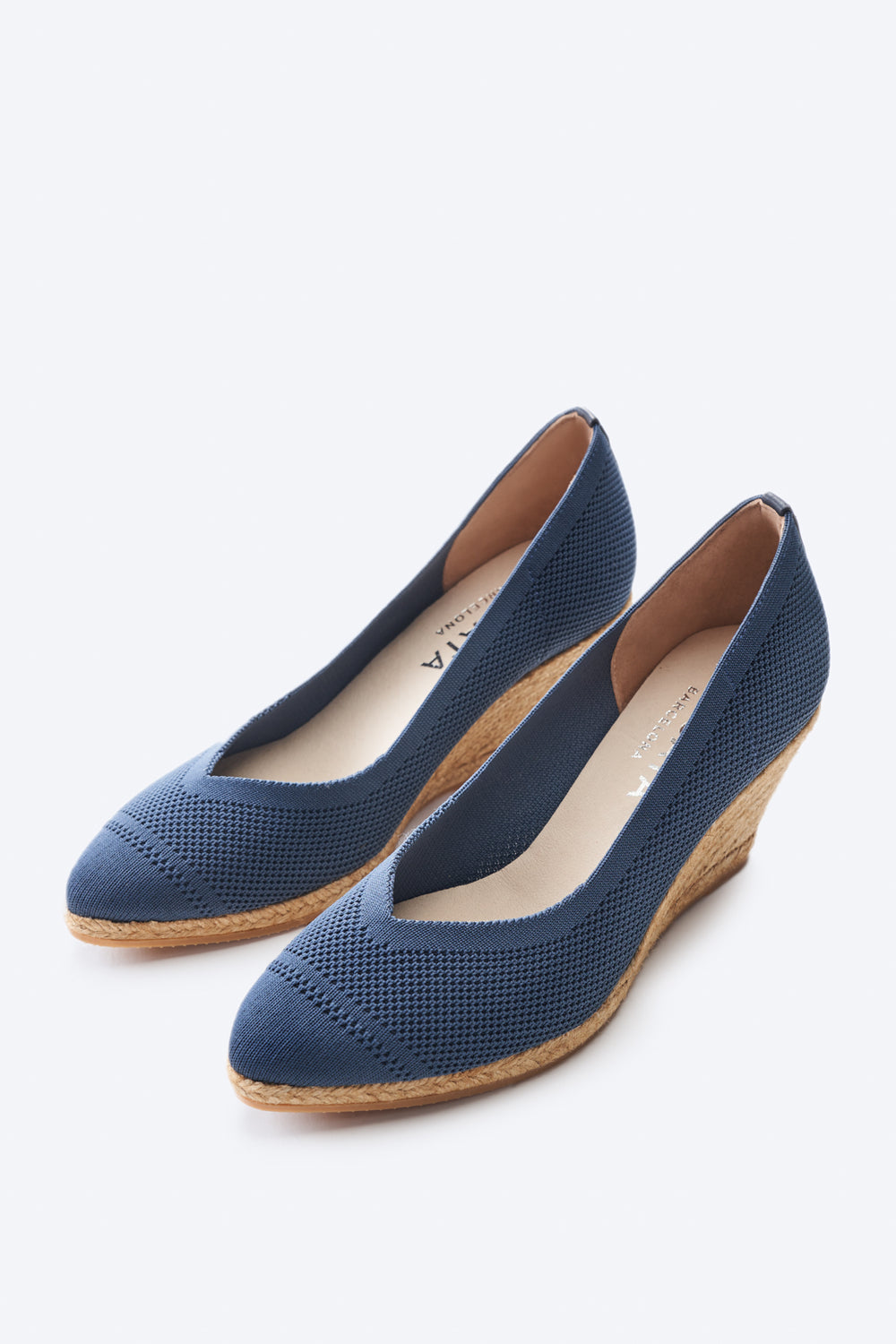 Roses V Cut Navy Blue Elastic Lycra Slip On Women Espadrille Medium Wedges