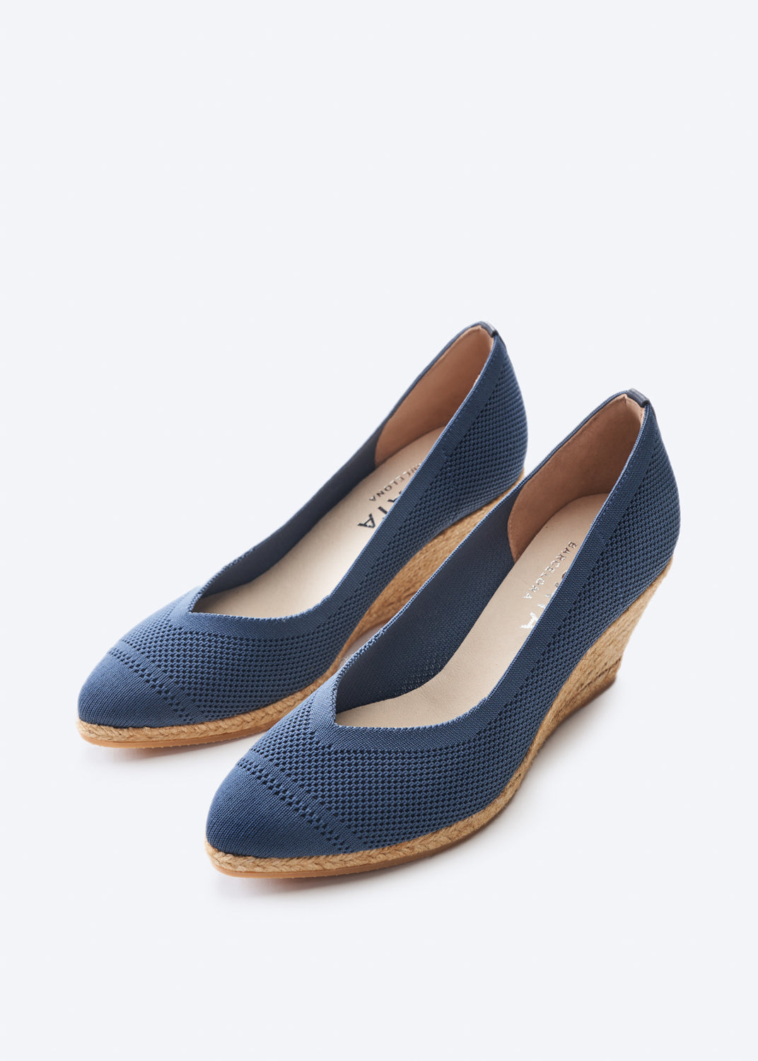 Roses V Cut Navy Blue Elastic Lycra Slip On Women Espadrille Medium Wedges