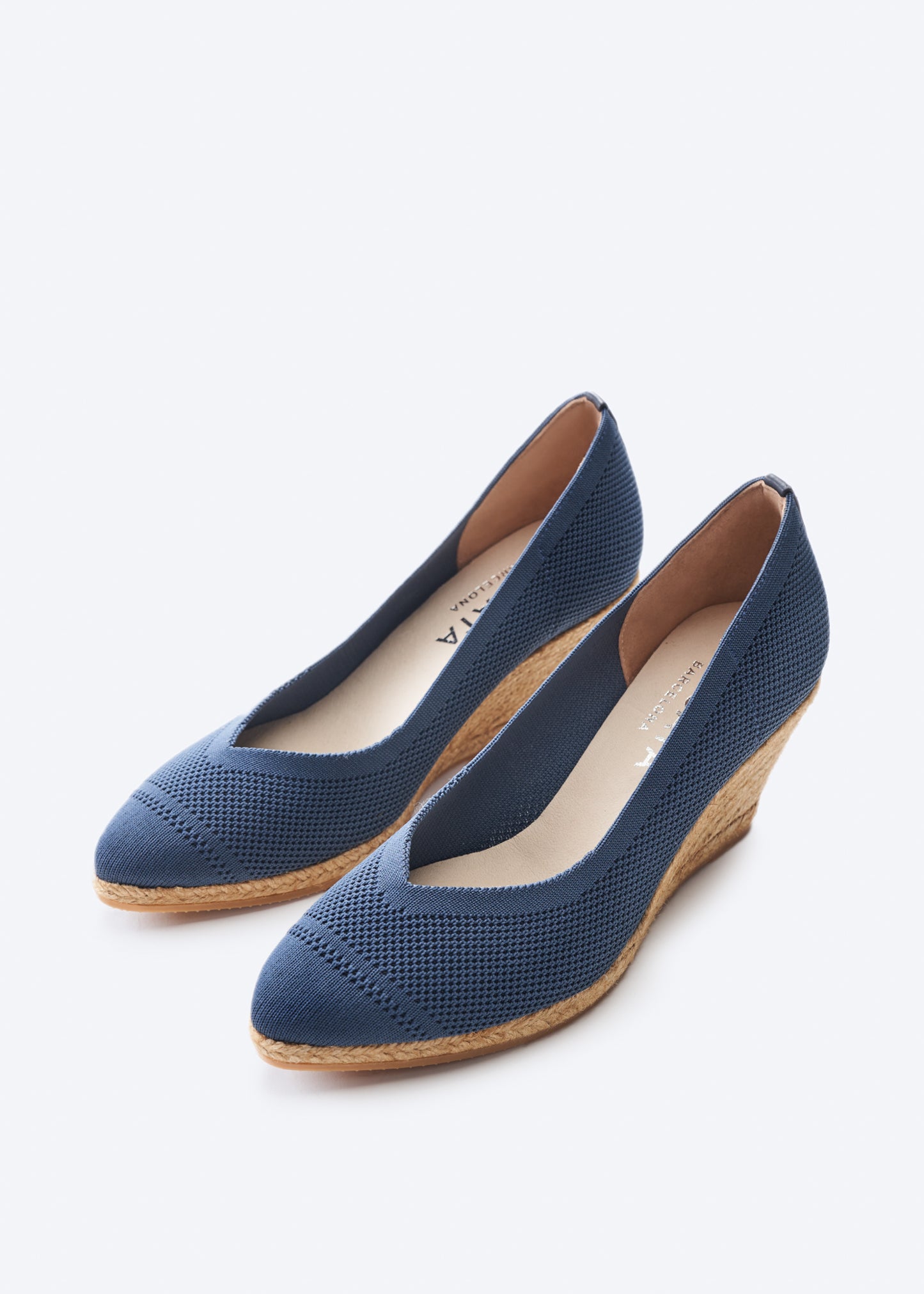 Roses V Cut Navy Blue Elastic Lycra Slip On Women Espadrille Medium Wedges